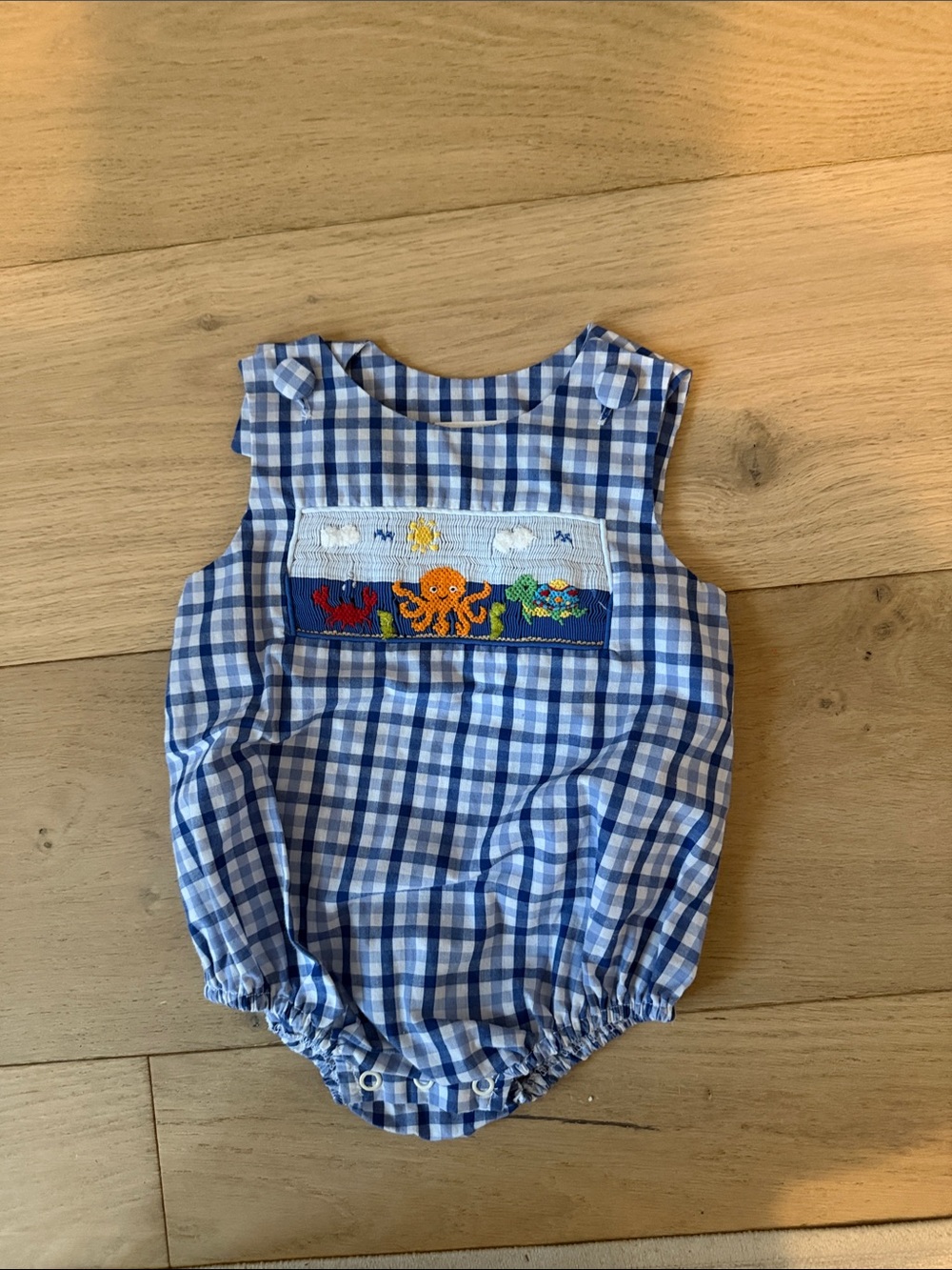 Blue Gingham Smocked Octopus Baby One-Piece